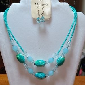 Green beaded necklace with matching earrings